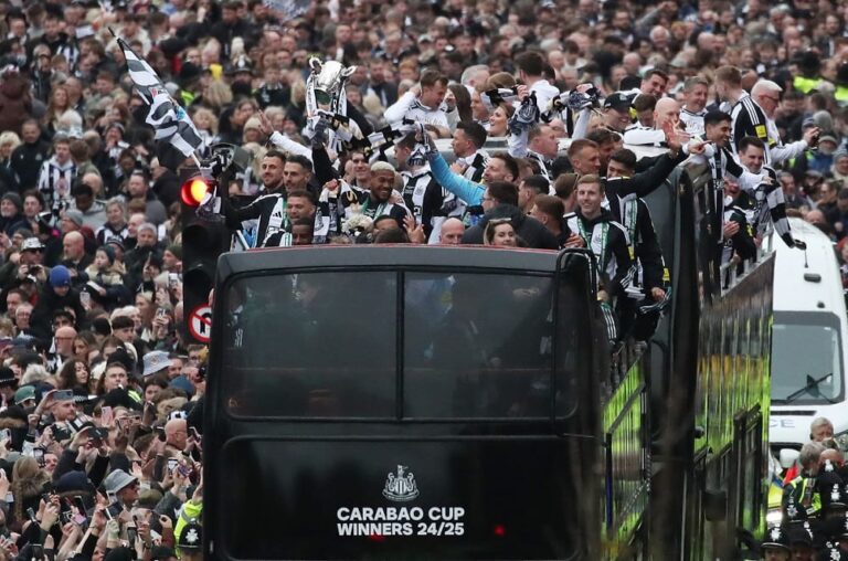 Newcastle United open-top bus victory parade. Celebration of the end of a 70-years old trophy drought. Image: SABC Sport.